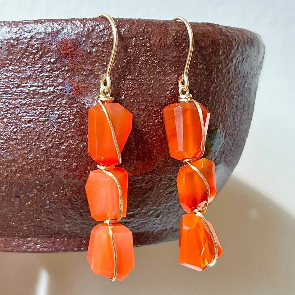Gold Filled Rough Cut Carnelian Drop Earrings - Picture 1 of 4